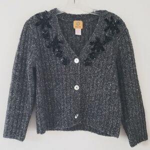 Ruby Rd. Heather Gray Ribbed Crop Sweater Cardigan w Black Embellishments, Sz S